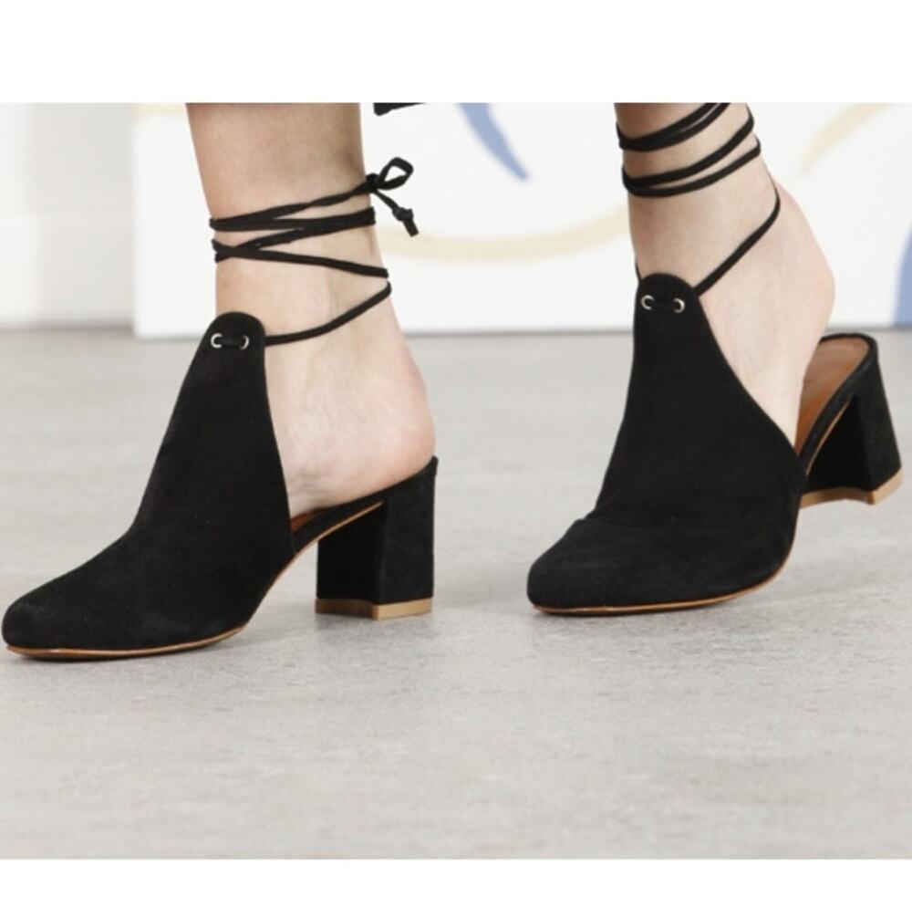 BY FAR NWOB 'WILD ORCHID' Black Buttery Suede Heel Ankle Lace Up Mules 7.5-8